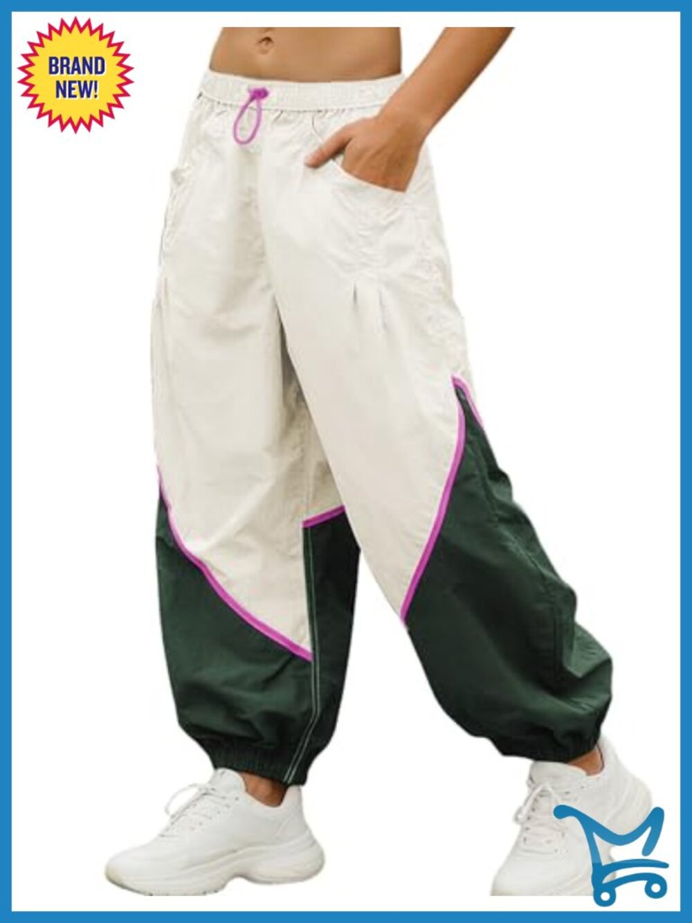 Women's Nylon Colorblock Track Pants Wide Leg Drawcord Pockets